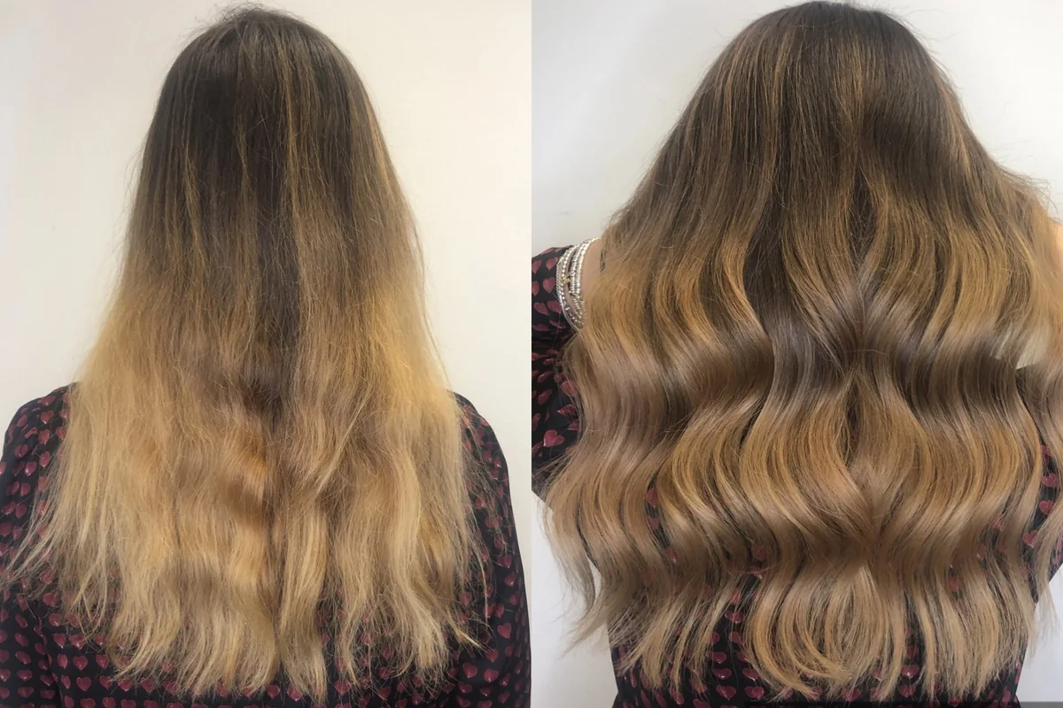 Side-by-side views of a hair colour transformation