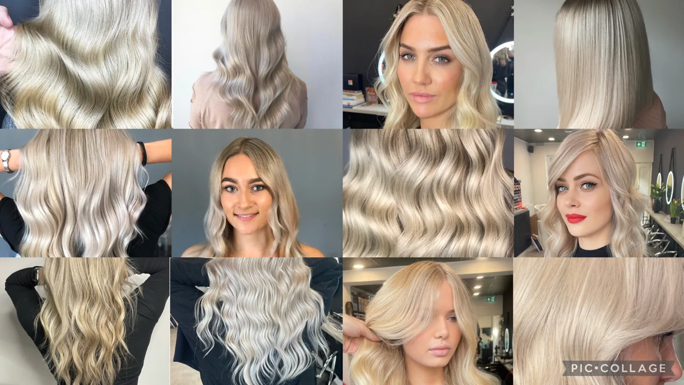 Collage of blonde hair results showing straight finishes, soft waves and a range of blonde tones